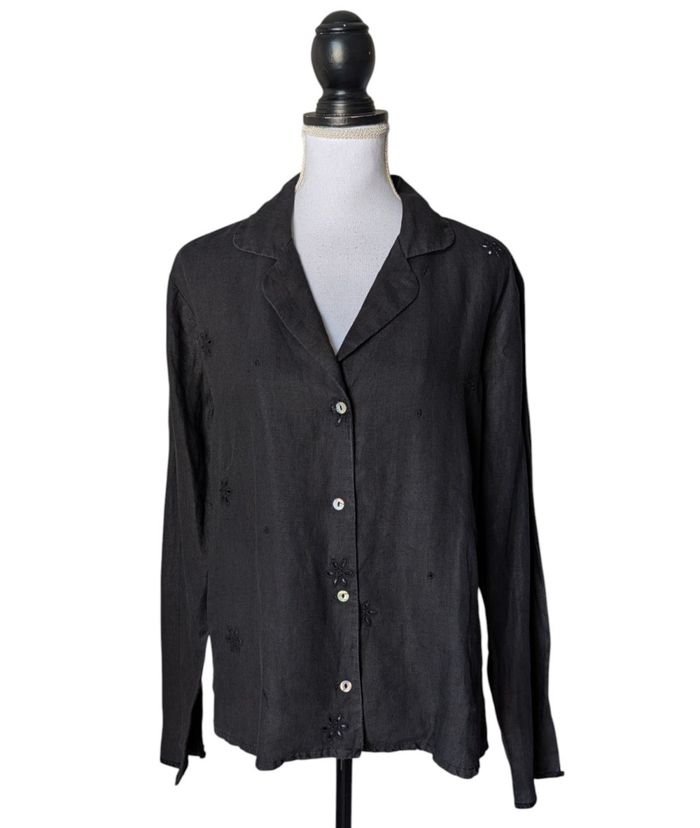Vintage Johnny Was Collection Black Linen V Neck Lightweight Button Down Sz XL